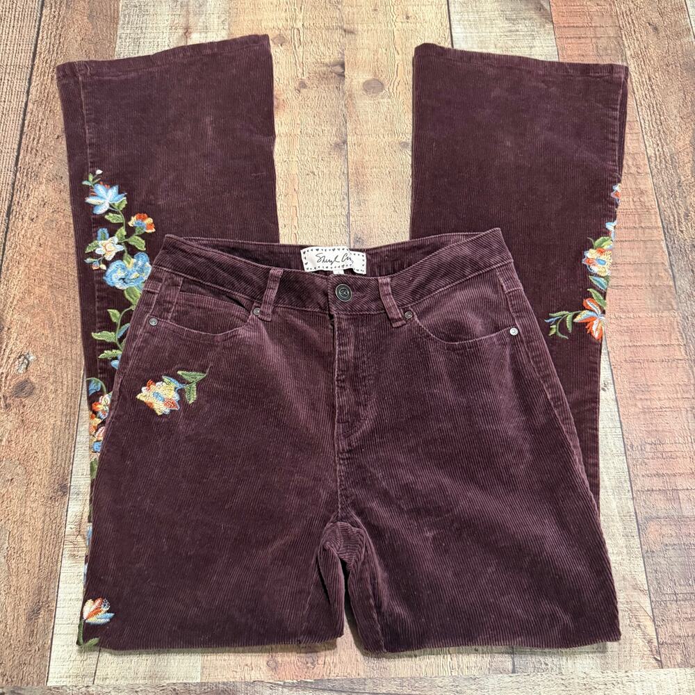 Sheryl Crow Women's Burgundy Corduroy Embroidered Flare Pants Sz 6 Boho Festival